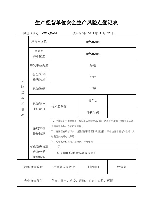 生产经营单位安全生产风险点登记表(电气大班长)