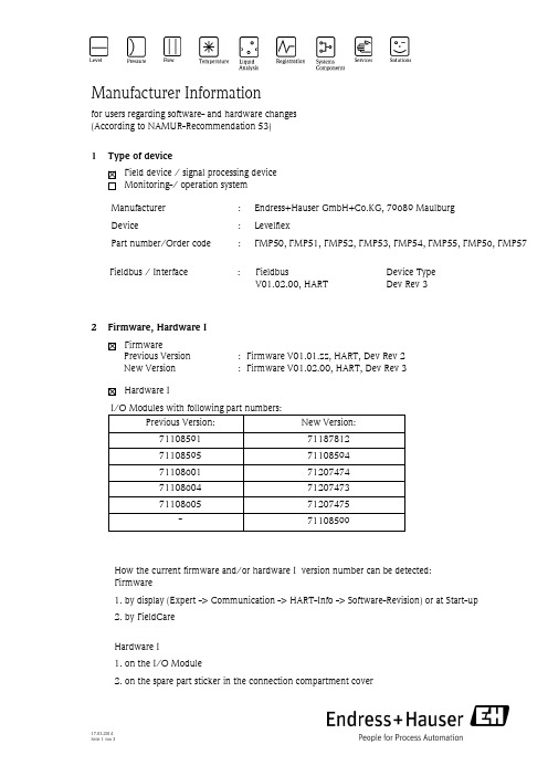 Endress+Hauser Levelflex 的软硬件版本说明说明书