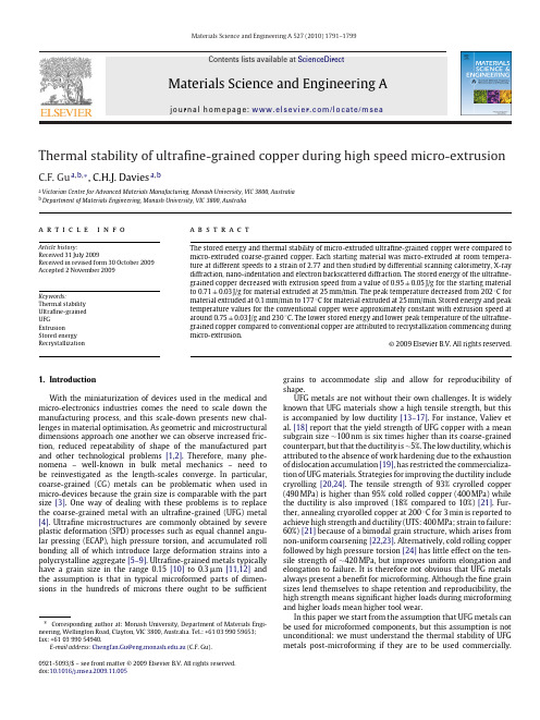 Thermal stability of ultrafine-grained copper during high speed micro-extrusion