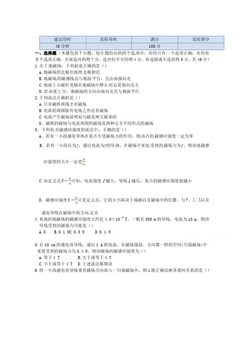 高中物理(选修3-1)训练题:第三章第一节《磁现象和磁场第二节《 磁感应强度》新人教版
