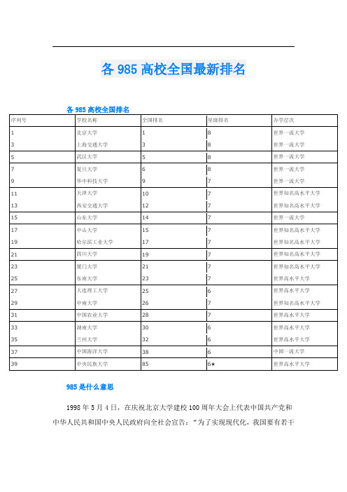 各985高校全国最新排名