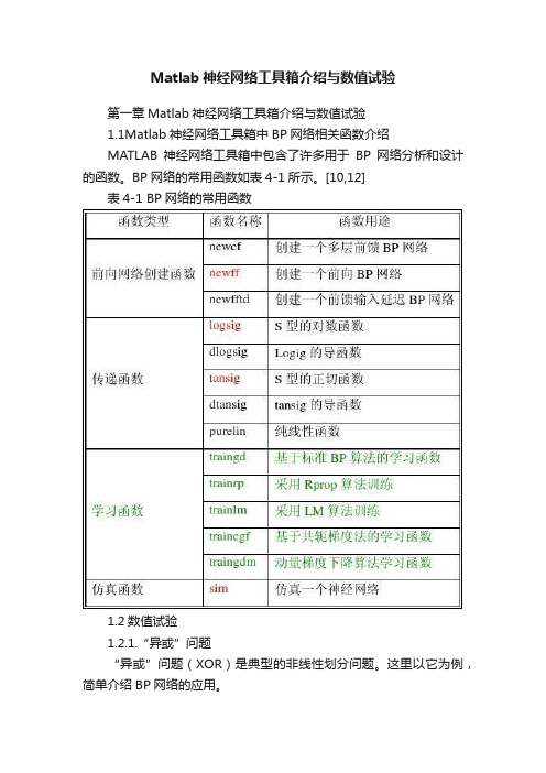 Matlab神经网络工具箱介绍与数值试验