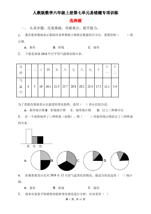 人教版数学六年级上册 第七单元(扇形统计图)易错题专项练习-选择题(含答案)