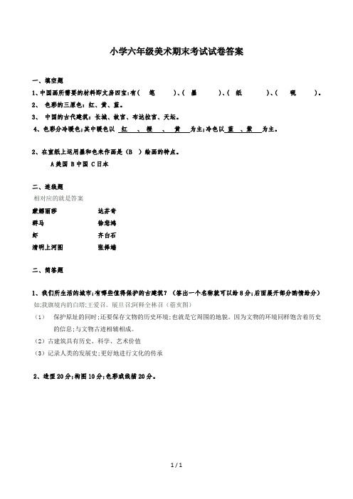 小学六年级美术期末考试试卷答案