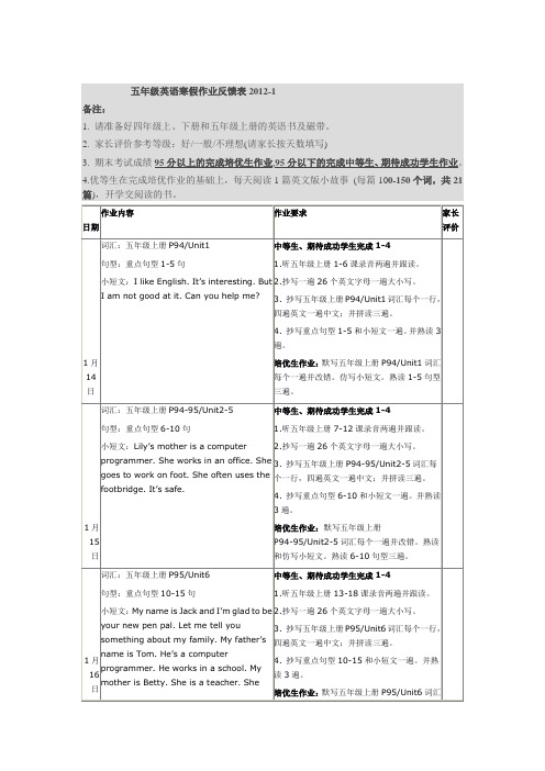 五年级英语寒假作业反馈表20