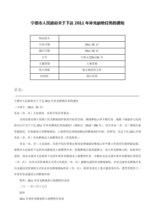 宁德市人民政府关于下达2011年补充耕地任务的通知-宁政文[2011]91号