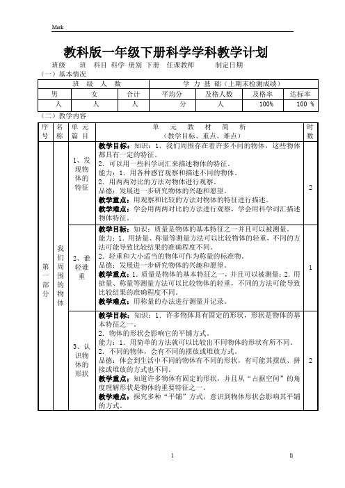 教科版小学科学新版一年级下册科学学科计划表格式