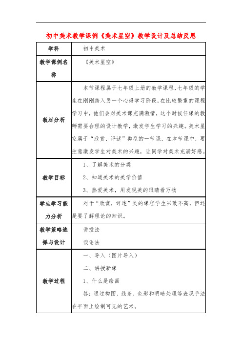 初中美术教学课例《美术星空》教学设计及总结反思