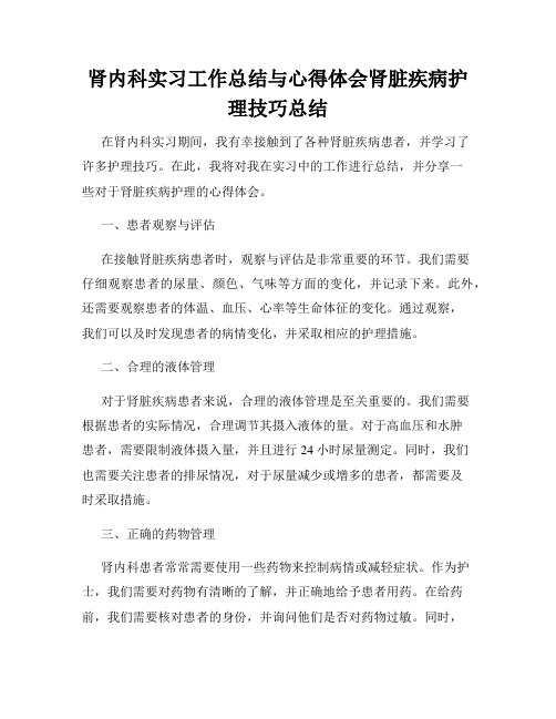 肾内科实习工作总结与心得体会肾脏疾病护理技巧总结