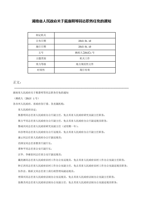 湖南省人民政府关于熊惠明等同志职务任免的通知-湘政人[2013]1号