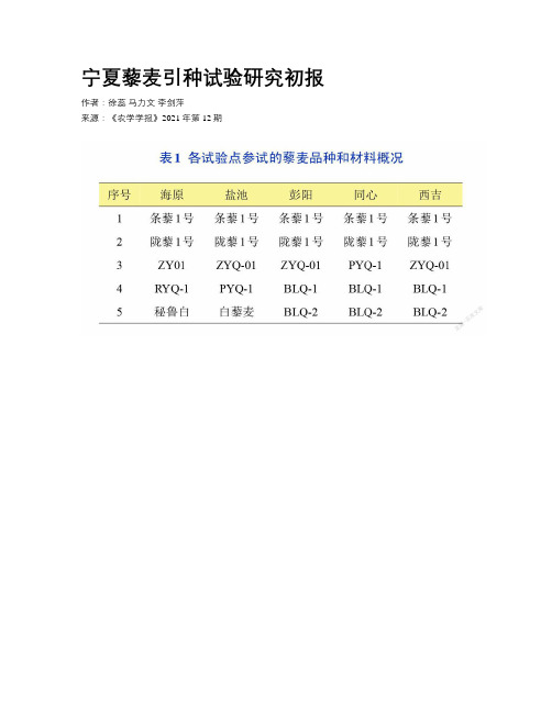 宁夏藜麦引种试验研究初报