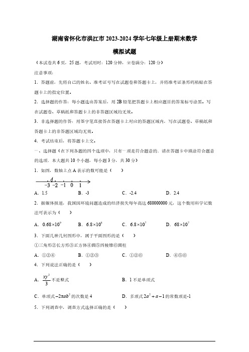 2023-2024学年湖南省怀化市洪江市七年级上册期末数学模拟试题(有答案)