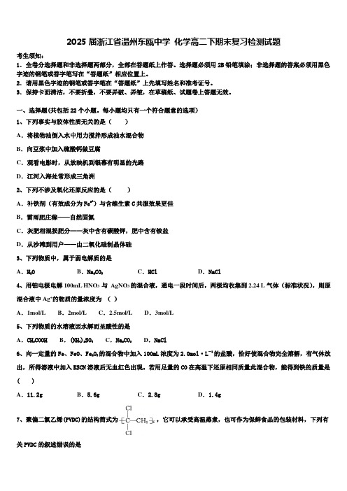 2025届浙江省温州东瓯中学 化学高二下期末复习检测试题含解析