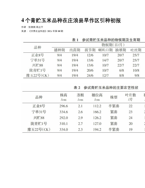 4个青贮玉米品种在庄浪县旱作区引种初报