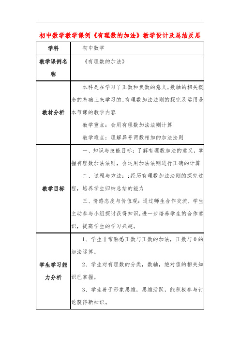 初中数学教学课例《有理数的加法》教学设计及总结反思