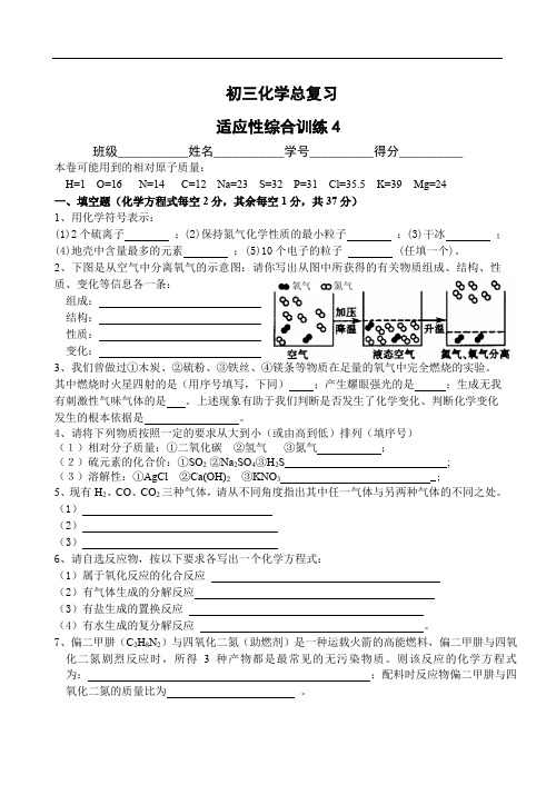 中考化学 初三化学总复习 专题训练及临考适应性综合训练 适应性综合训练4