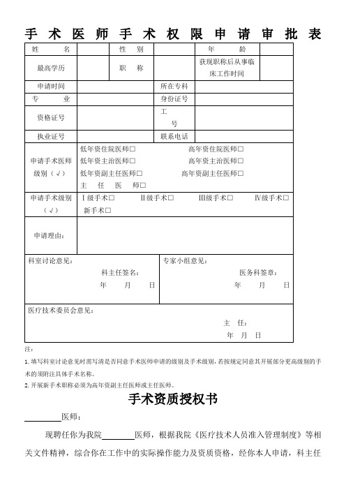 手术权限申请审批表及手术资质授权书