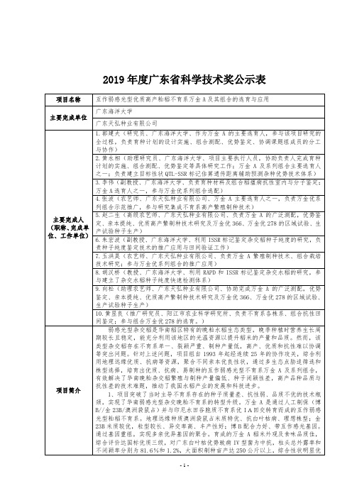 2019年度广东省科学技术奖公示表