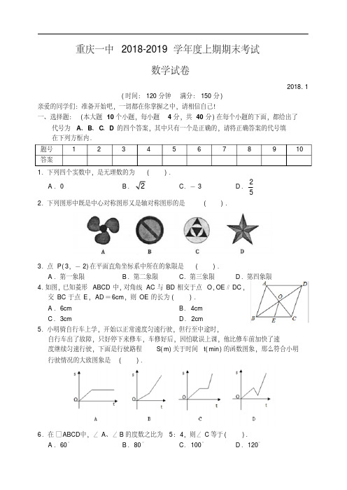 重庆市重庆一中2018-2019上学期八年级数学期末考试试卷及答案