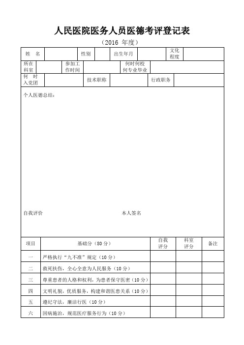 人民医院医务人员医德考评登记表