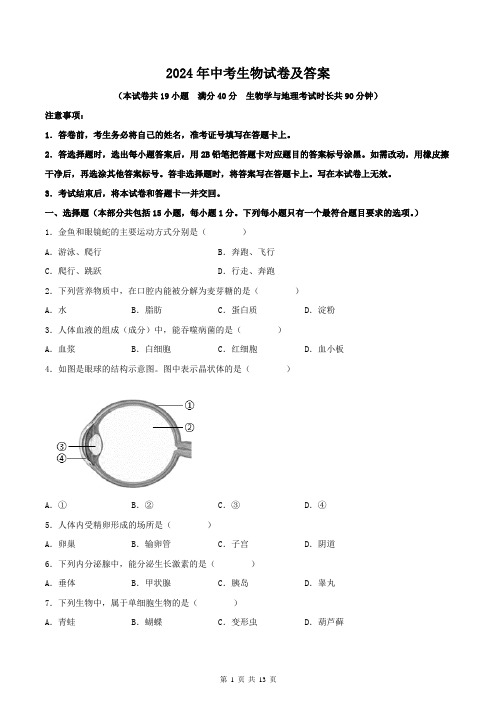 2024年中考生物试卷及答案