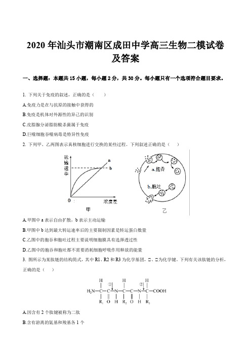 2020年汕头市潮南区成田中学高三生物二模试卷及答案