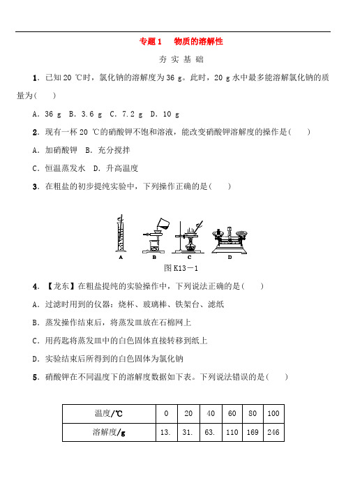 【鲁教版】2020-2021中考化学复习专题《物质的溶解性》练习(含答案)