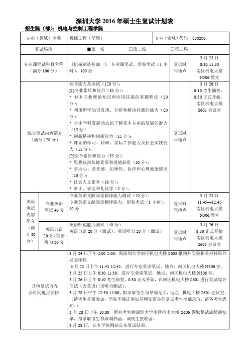 深圳大学2016年硕士生复试计划表