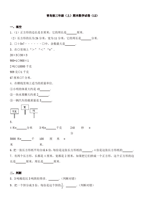 【名师精品】三年级上册数学期末试题-全优发展∣青岛版(含答案)