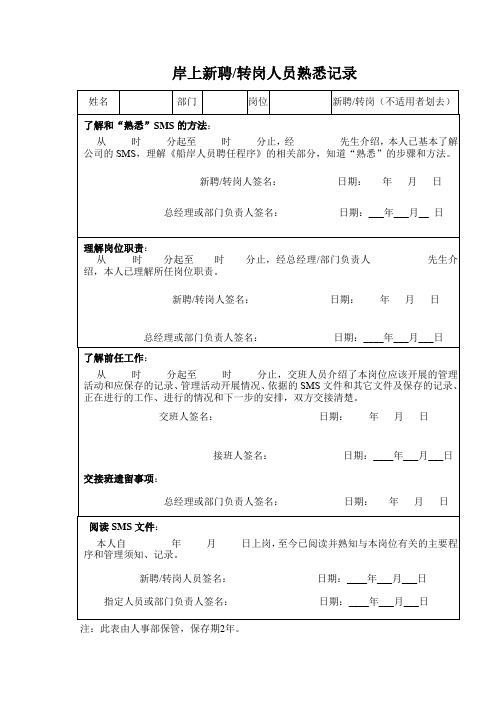 岸上新聘转岗人员熟悉记录