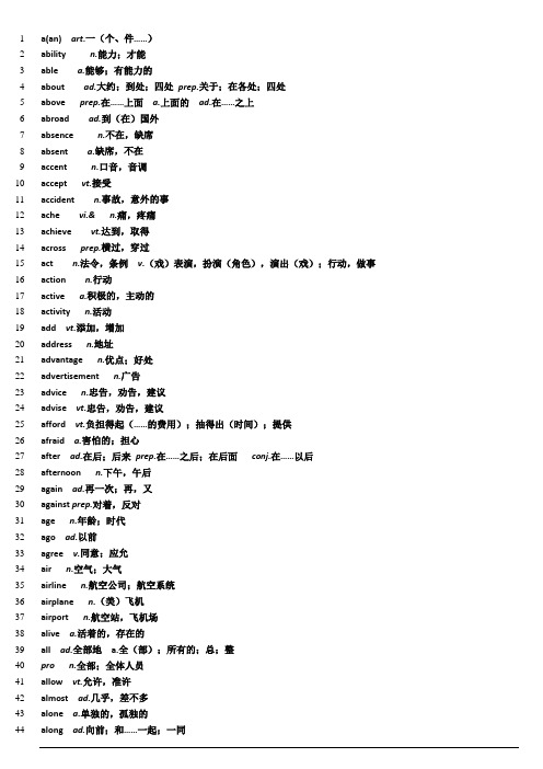 2015年中考英语词汇默写表中英对照