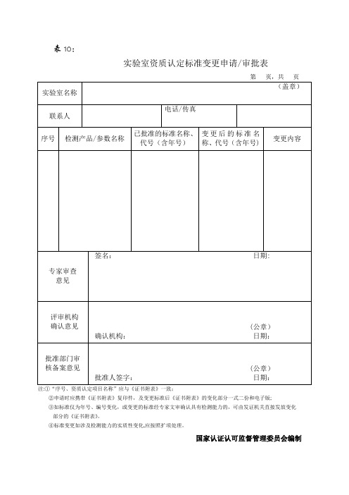 实验室资质认定标准变更申请审批表