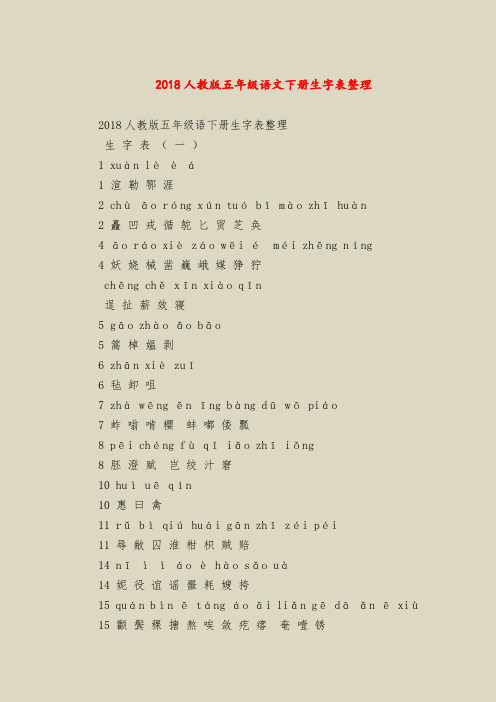 2018人教版五年级语文下册生字表整理