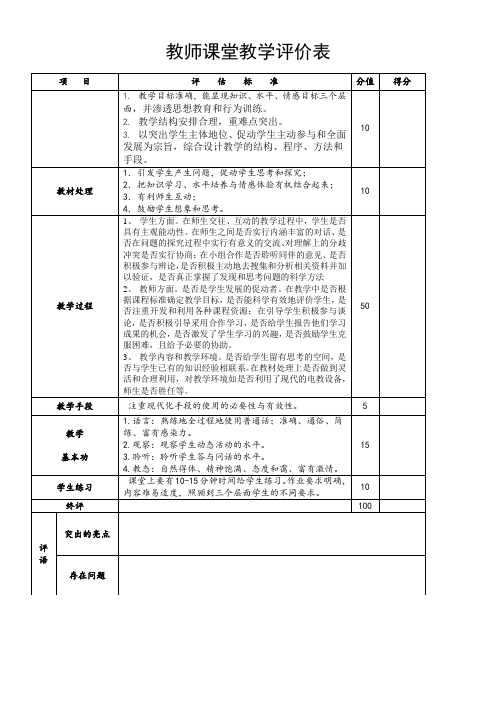 教师课堂教学评价表