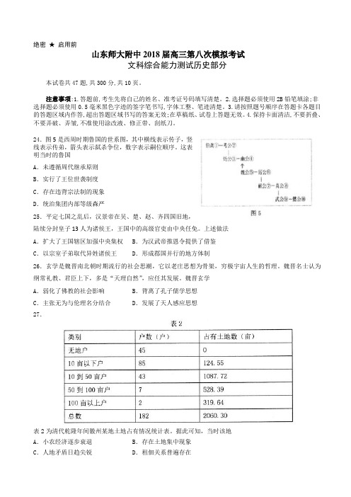 山东省师大附中2018届高三下学期第八次模拟考试历史试题 Word版含答案