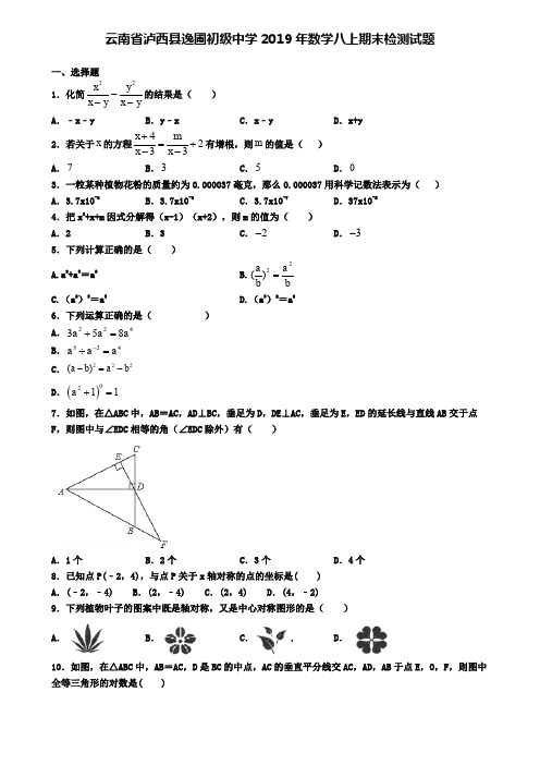 云南省泸西县逸圃初级中学2019年数学八上期末检测试题