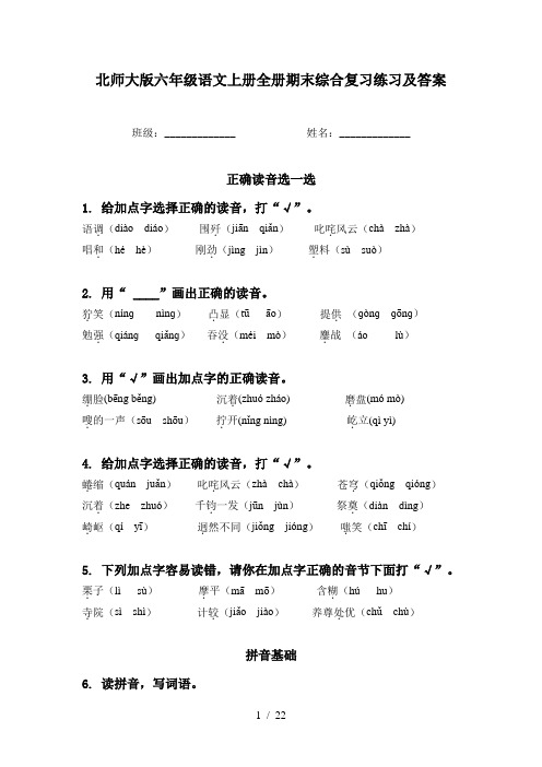 北师大版六年级语文上册全册期末综合复习练习及答案