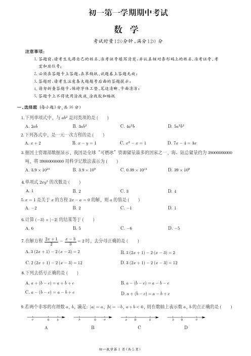 初一上学期期中试卷-2(附答案)