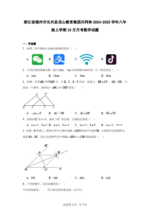 浙江省湖州市长兴县龙山教育集团共同体2024-2025学年八年级上学期10月月考数学试题