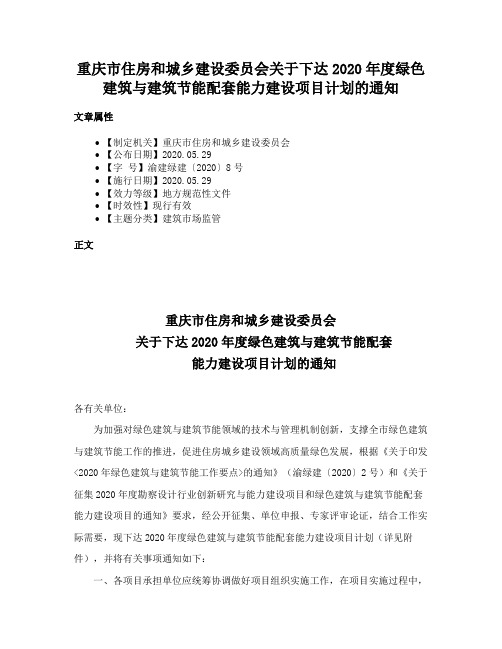 重庆市住房和城乡建设委员会关于下达2020年度绿色建筑与建筑节能配套能力建设项目计划的通知