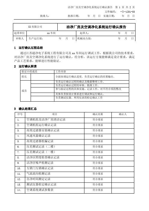 洁净厂房及空调净化系统运行确认报告