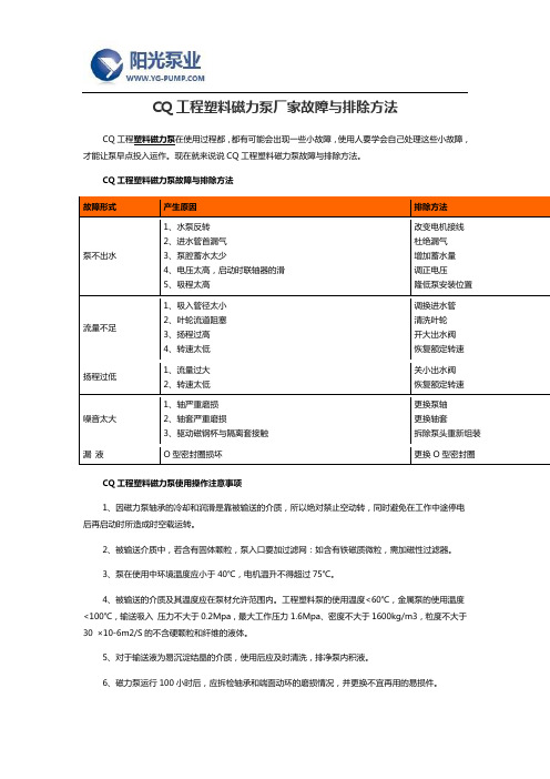 CQ工程塑料磁力泵厂家故障与排除方法