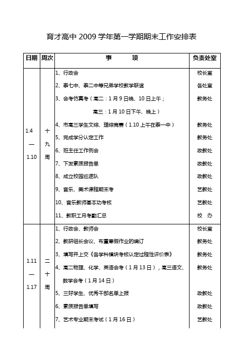 育才高中2009学年第一学期期末工作安排表