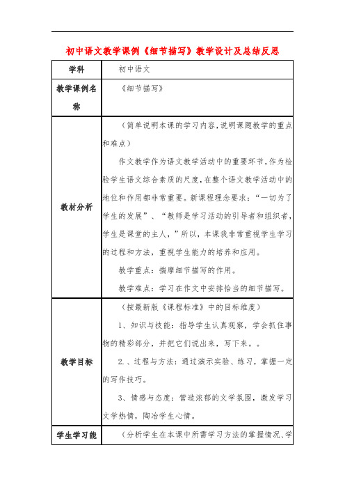 初中语文教学课例《细节描写》教学设计及总结反思