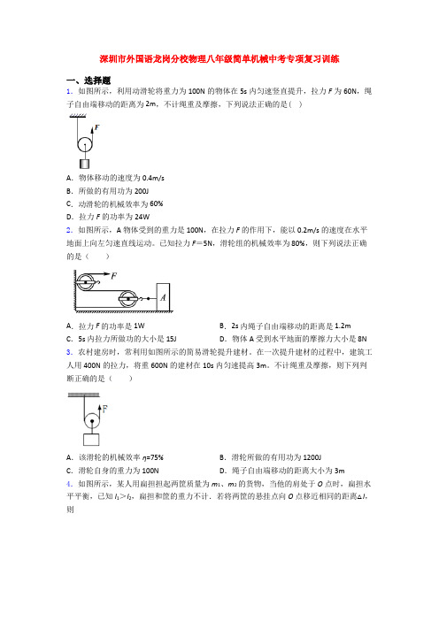 深圳市外国语龙岗分校物理八年级简单机械中考专项复习训练