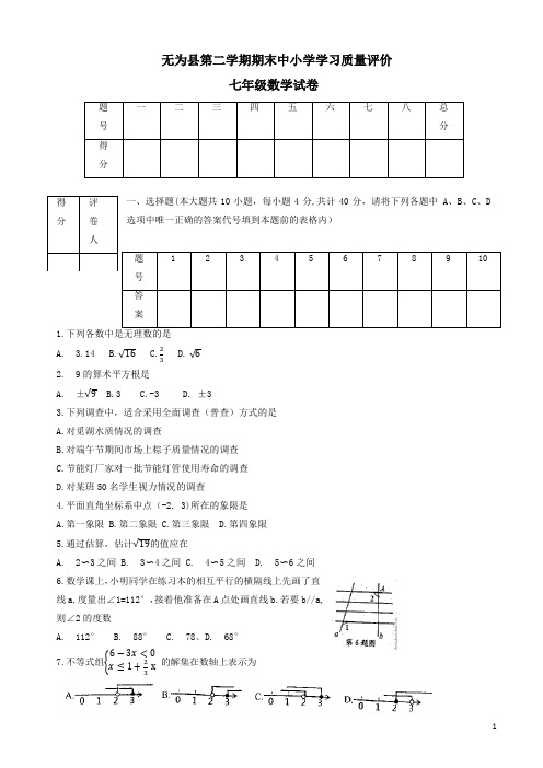 芜湖市无为县七年级下期末数学试题(有答案)