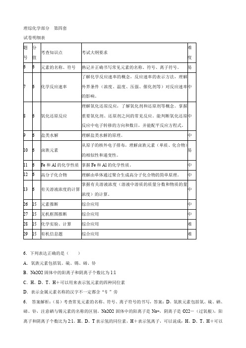 湖南省雅礼中学高三(理综)化学部分高考模拟训练(四)(含解析).doc