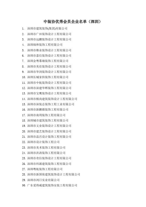 中装协优秀会员企业名单(深圳)