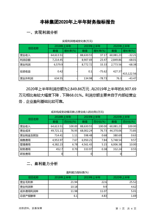 丰林集团2020年上半年财务指标报告