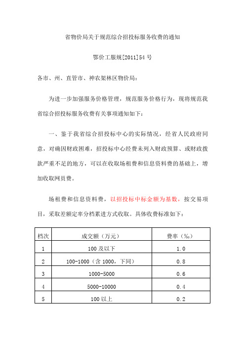 5场租费收费标准                  鄂价工服规[2011]54号